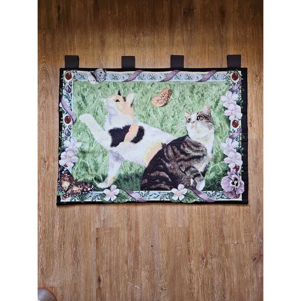 Vintage Cat Tapestry Wall Hanging 35x28. Cats, Butterflies And Flowers.